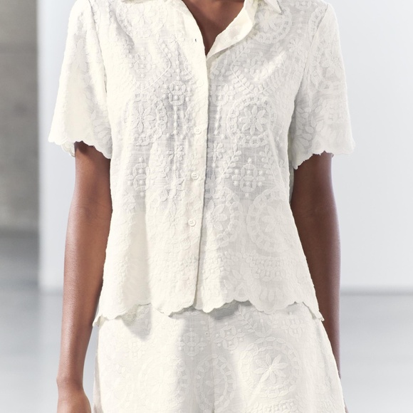 ZARA White Beige Nude Embroided High Wsisted shorts XL NEW - Picture 6 of 8